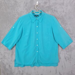 Lafayette 148 New York Silk Top Blouse 18W Teal Roll Tab 3/4 Sleeve Button Up